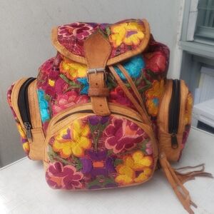 Mexican Leather mini Backpack Floral Embroidery multi hippie bag